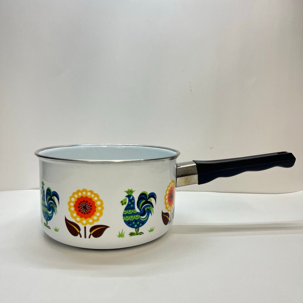 vintage french mid century saucepan stylized rooster and‎ floral pattern enamel